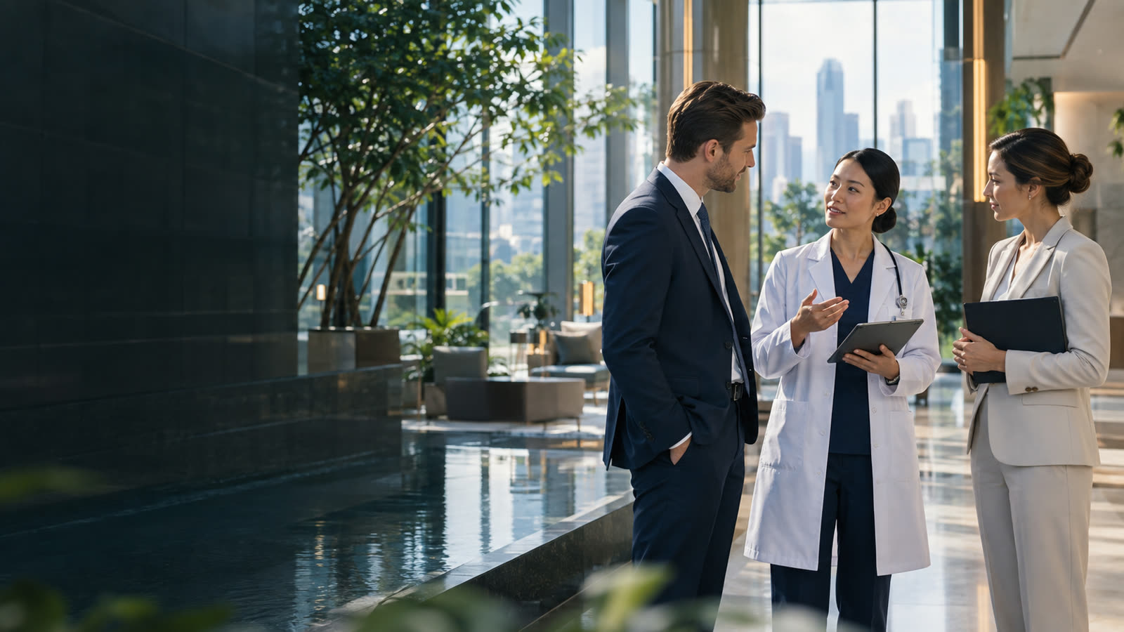 Hospital and international business leaders in discussion